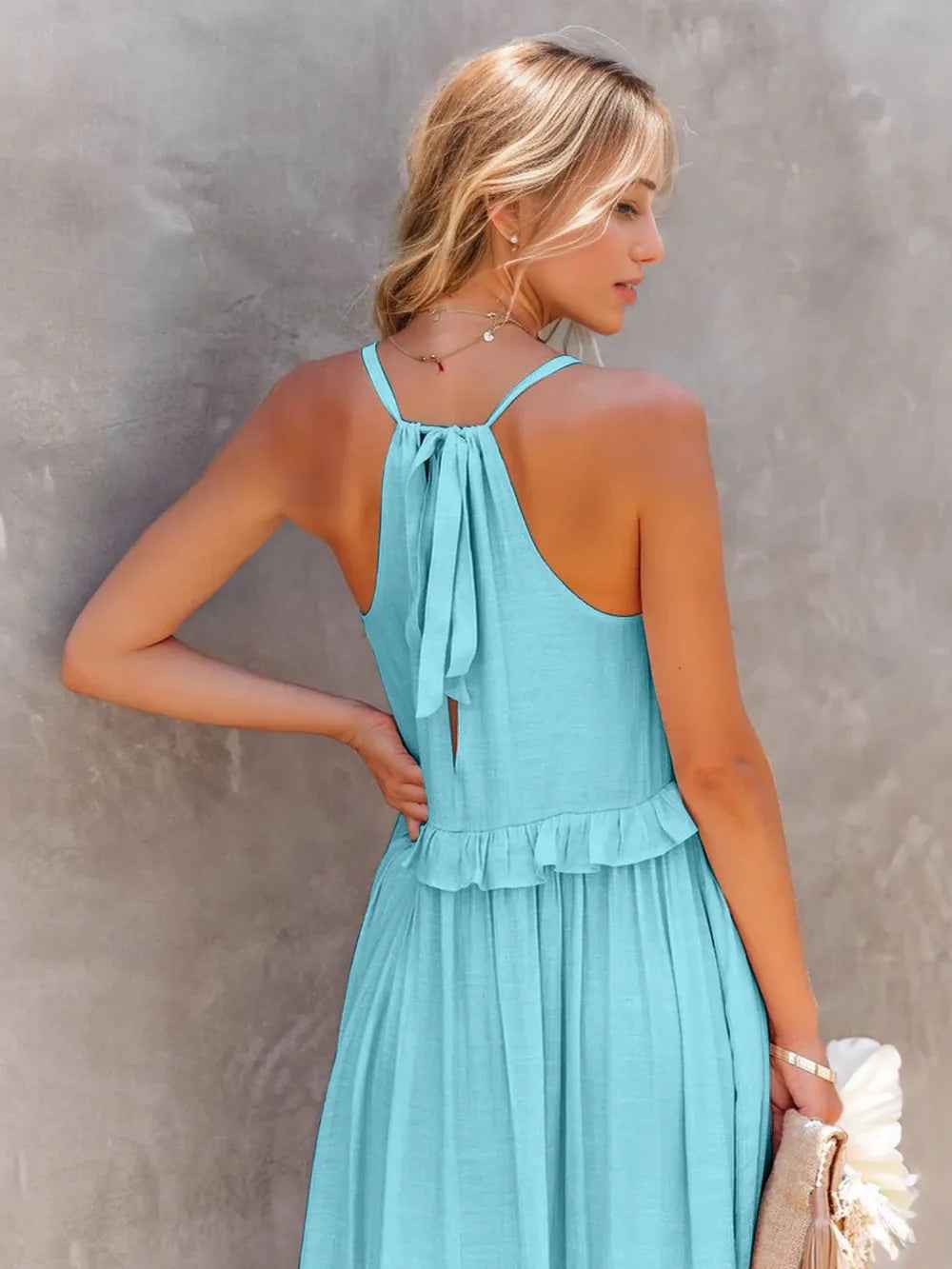 Smocked Tiered Ruffle Maxi Dress - Sleeveless with Pockets