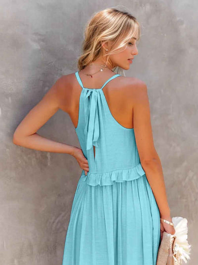 Smocked Tiered Ruffle Maxi Dress - Sleeveless with Pockets