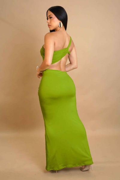 One Shoulder Cutout Maxi Dress - Pleated Bodycon Fit