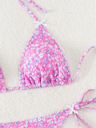 Floral Triangle Bikini - Lace Up Front Tie Bottoms Set