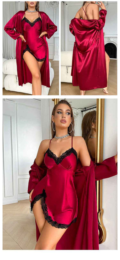 Satin Robe Set - Long Sleeve Robe and Slip Nightdress