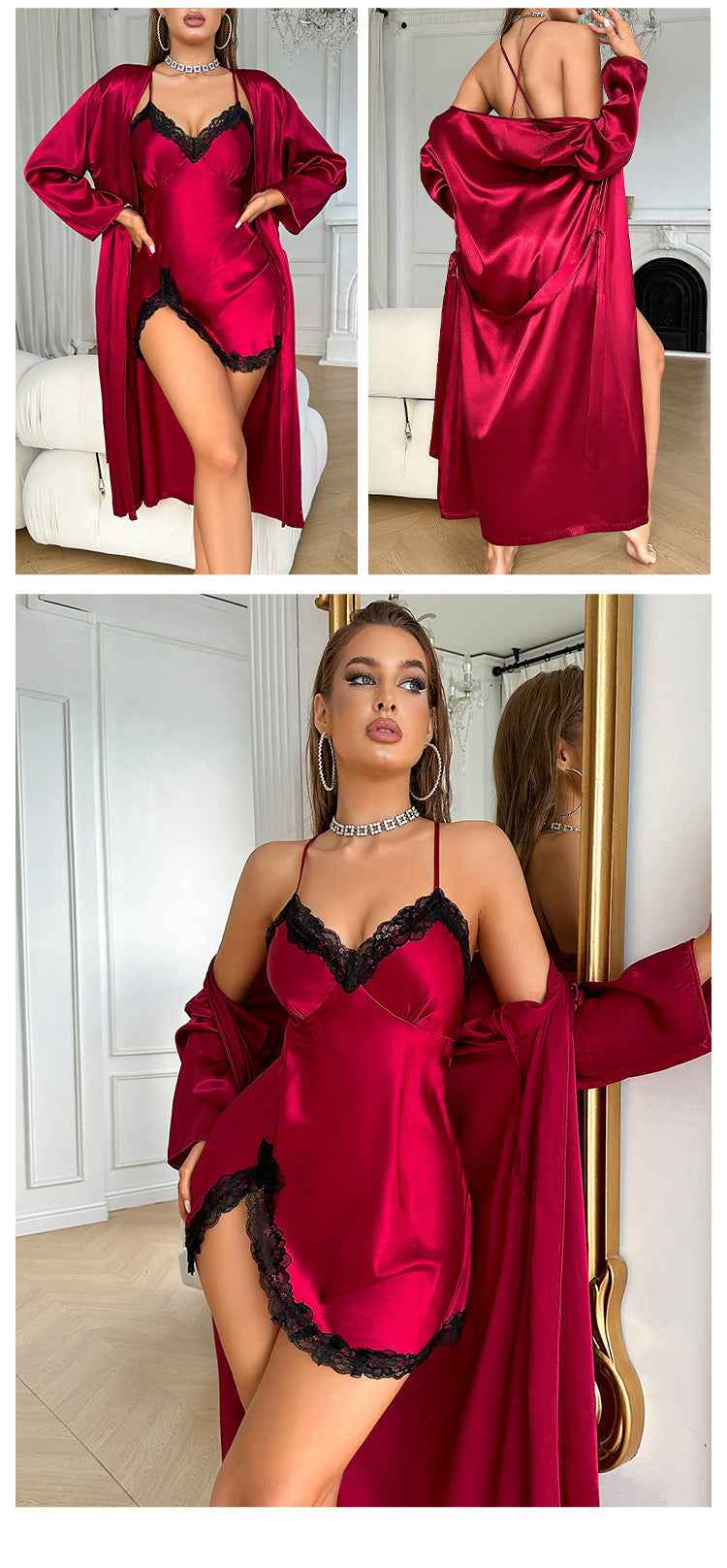 Satin Robe Set - Long Sleeve Robe and Slip Nightdress