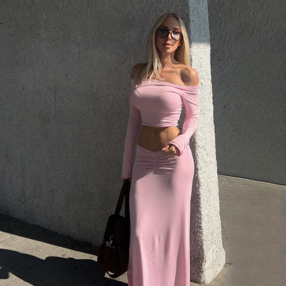 Two-Piece Skirt Set - One Shoulder Top Outfit