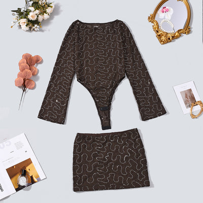 Lace Sequin Bodysuit and Skirt Set - Brown Mini Outfit