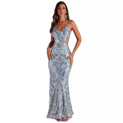 Sequin Maxi Dress - Open Back V-Neck Evening Gown