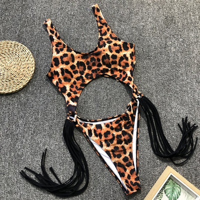 Cutout Monokini Swimsuit - Tassel Detail Halter - Fashions Envy