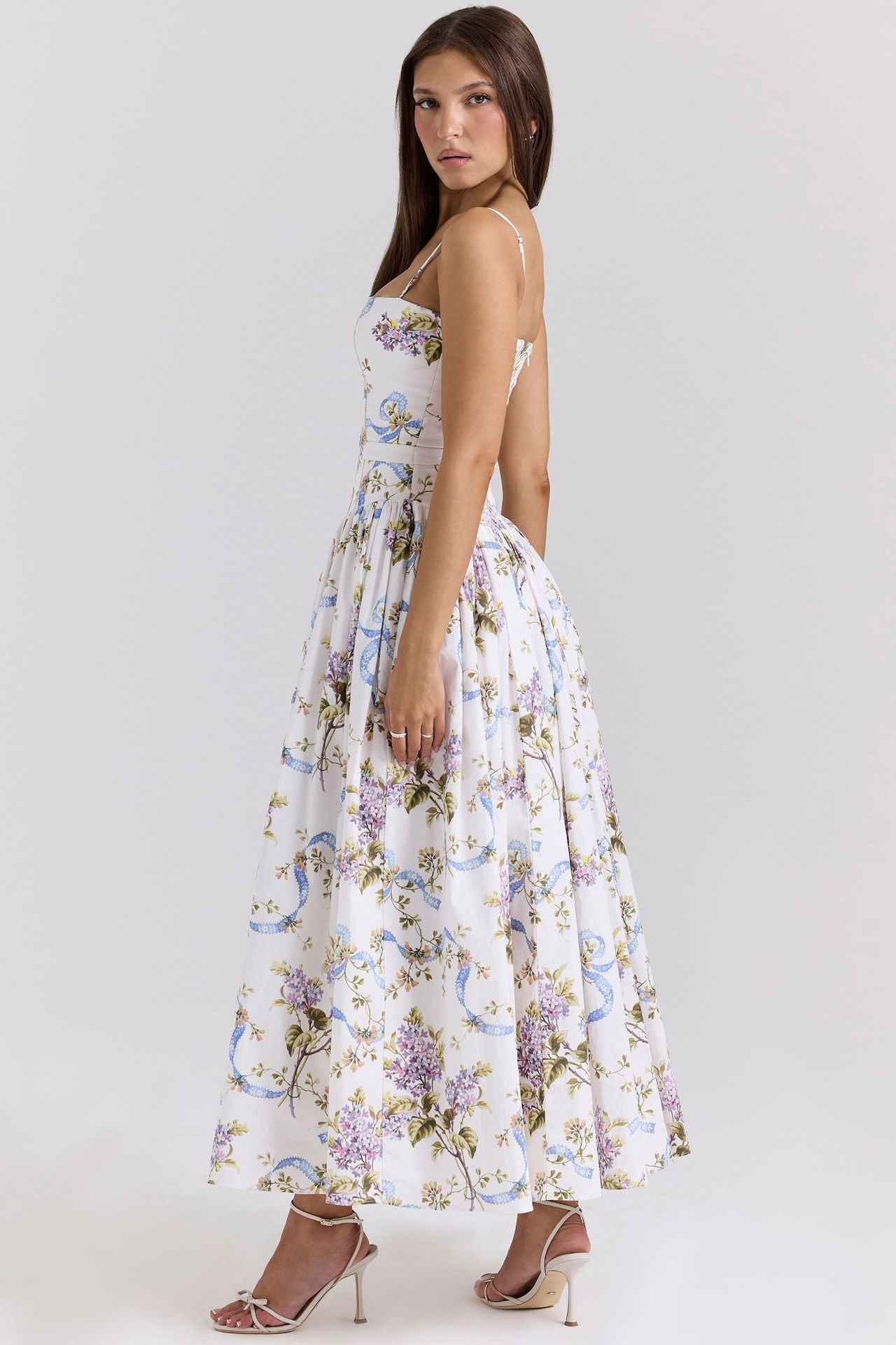 Floral Cami Maxi Dress - Cinched Waist A-Line Spaghetti Strap