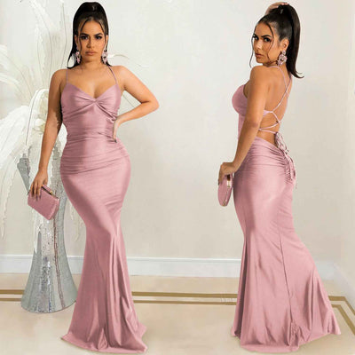 Spaghetti Strap Backless Maxi Dress - Tie Up Bodycon Satin