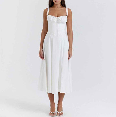 Corset Lace-Up Back Midi Dress - Wide Strap Side Slit