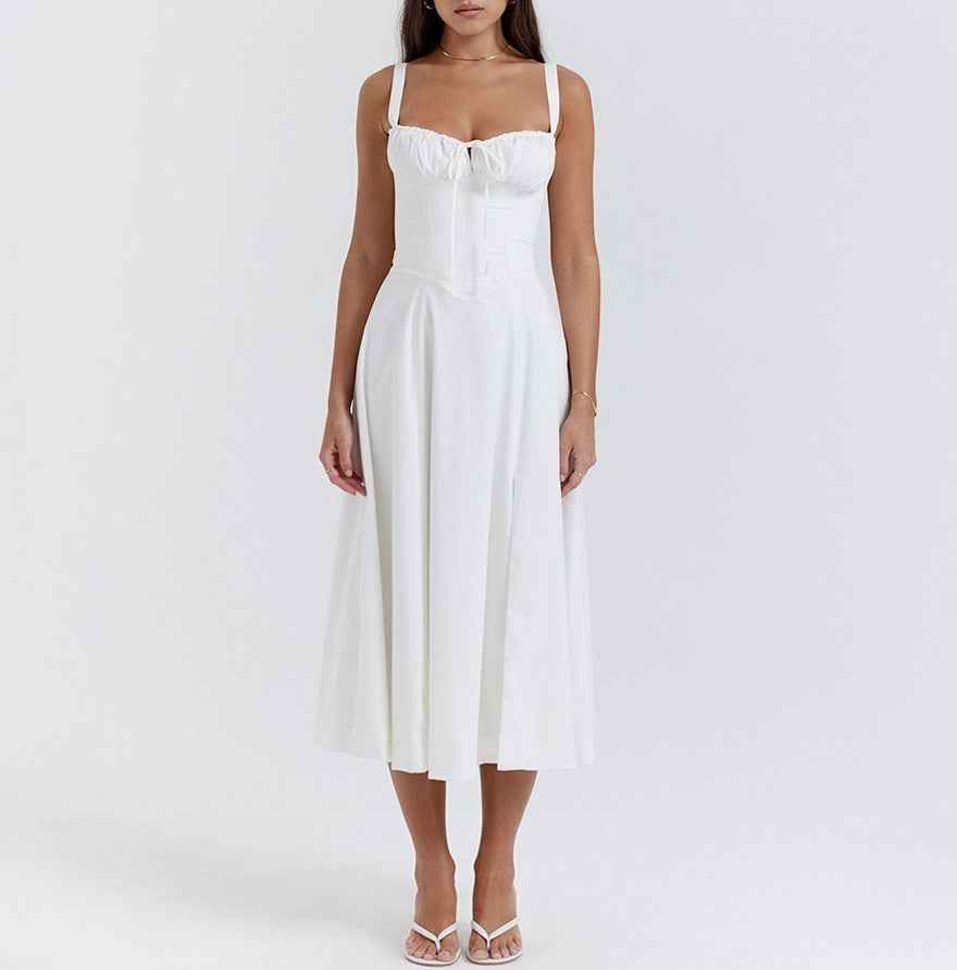 Corset Lace-Up Back Midi Dress - Wide Strap Side Slit