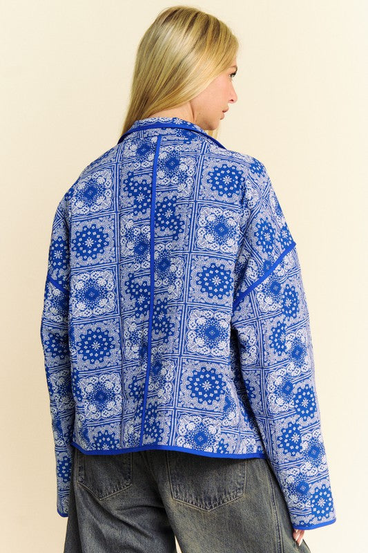 Blue Vintage Print Open Front Jacket with Pockets