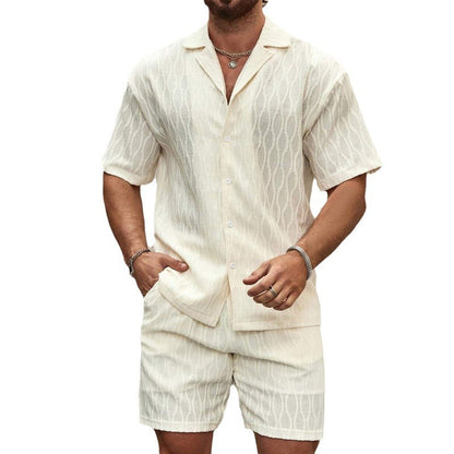 Men's Summer Fashion Solid Loose Casual Two Pieces Lapel Button Shirt Shorts Set