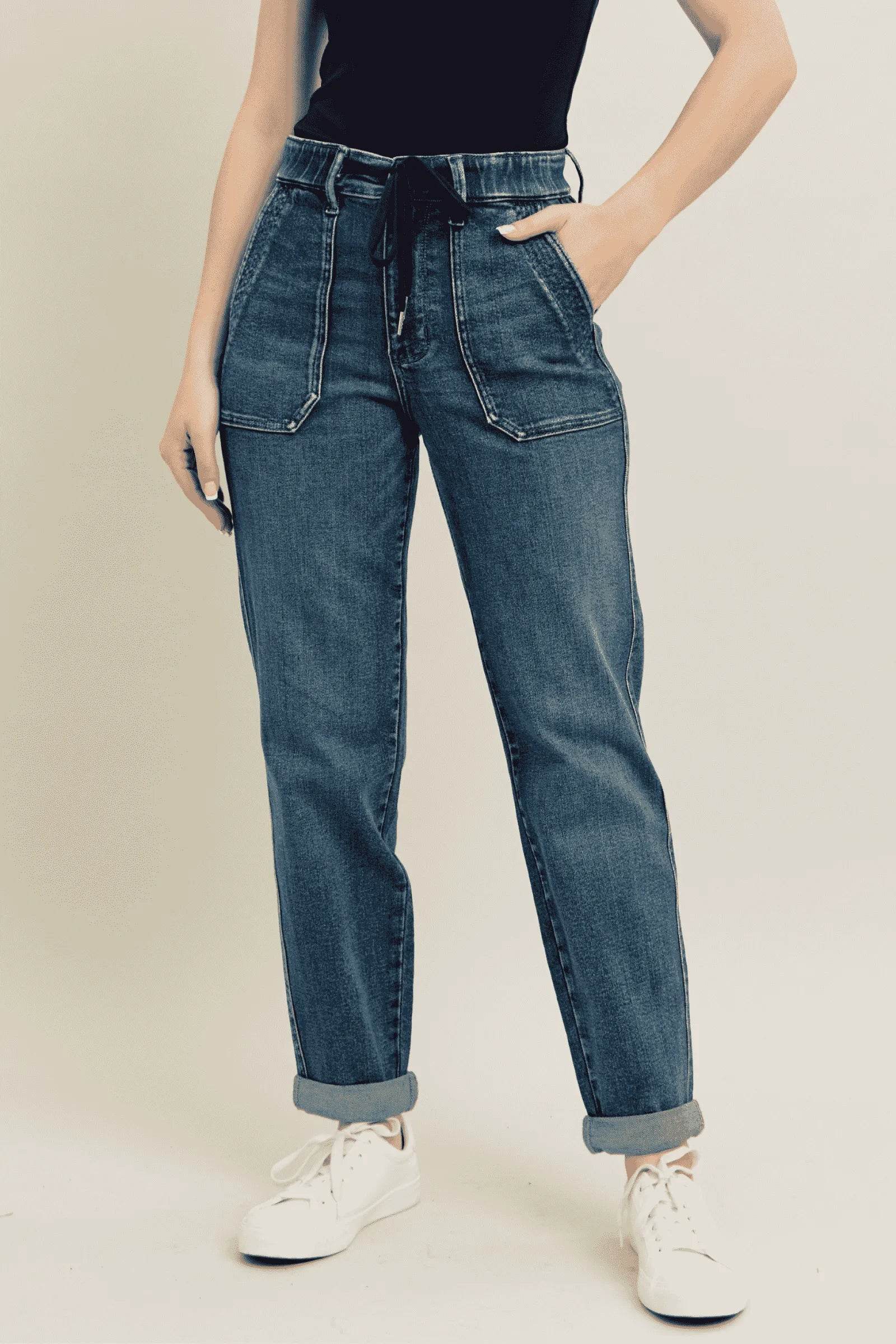 Judy Blue Full Size HW Vintage Wash Jeans w/ Drawstring Plus Size - Fashions Envy