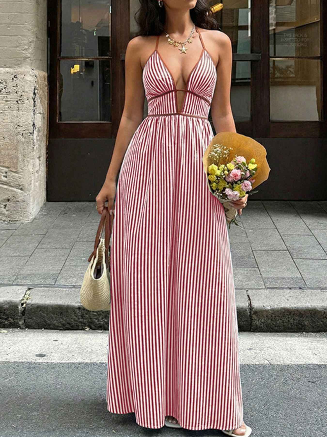 Striped Halter Maxi Dress - Smocked Bodice Tie Back