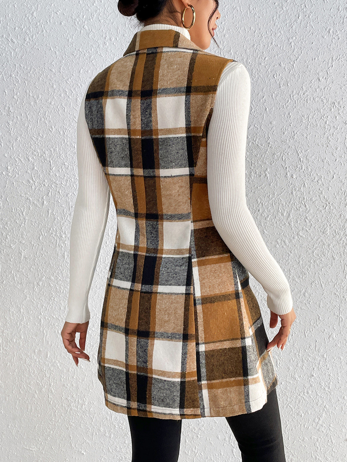 Honey Plaid Lapel Collar Vest - Fashions Envy