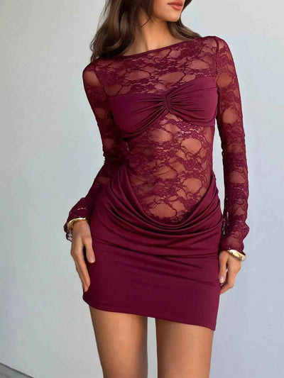 Lace Sheer Cutout Back Long Sleeve Ruched Dress