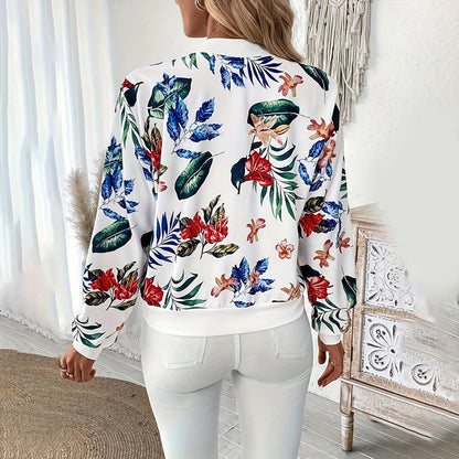 Women's Botanical Print Zip Jacket - Round Neck Spring Coat - Fashions Envy