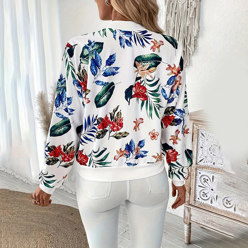 Women's Botanical Print Zip Jacket - Round Neck Spring Coat - Fashions Envy