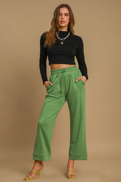 Green Drawstring Wide Leg Pants with Pockets