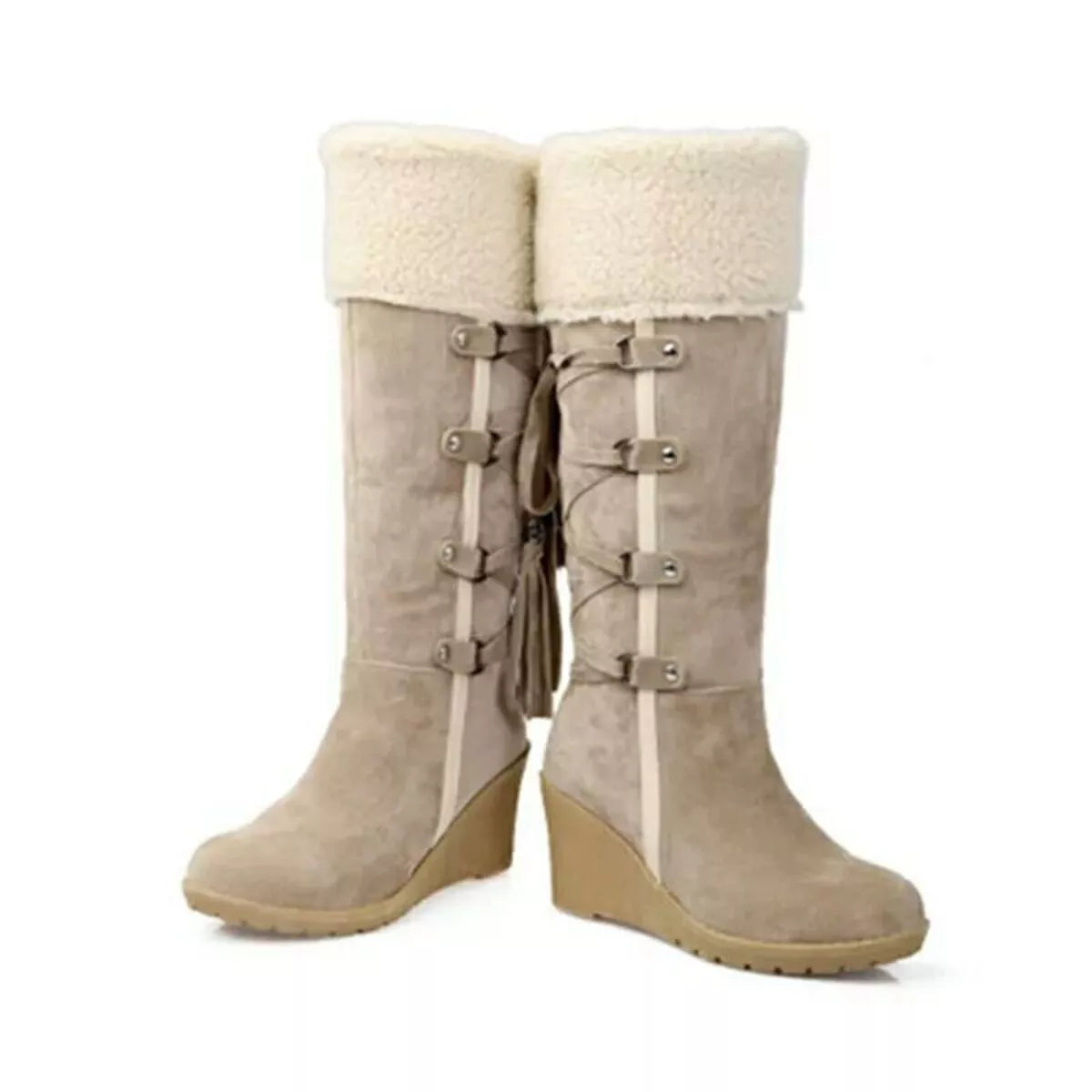 Suede Wedge Boots with Fur Cuff - Fashions Envy