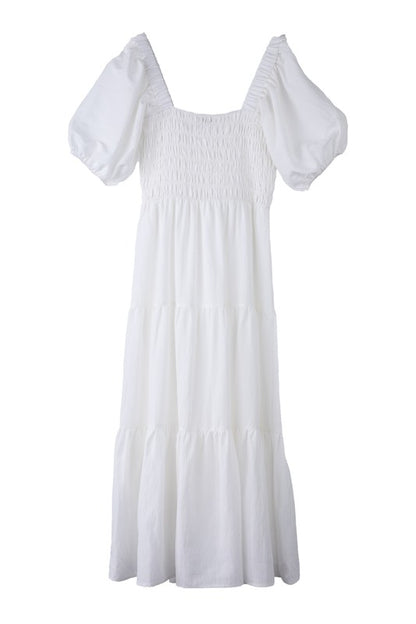 Tiered Midi Dress with Puff Sleeves