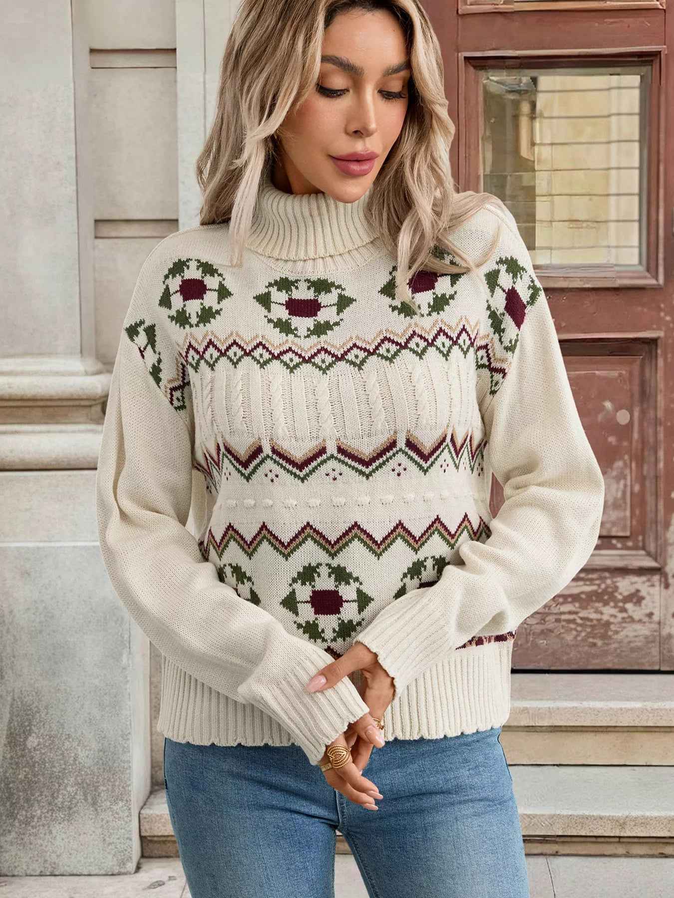 Cable Knit Turtleneck Sweater - Fair Isle Holiday Style - Fashions Envy