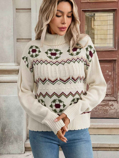 Cable Knit Turtleneck Sweater - Fair Isle Holiday Style - Fashions Envy
