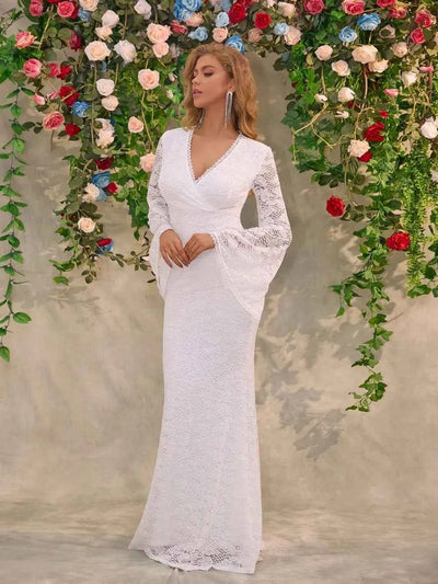 White Lace Flare Sleeve Maxi Dress - Surplice V-Neck Gown