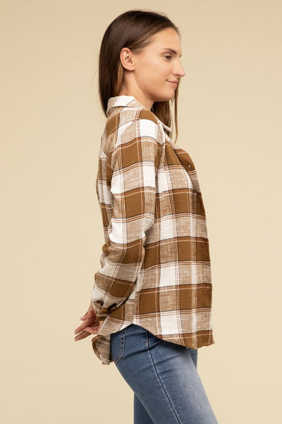 Cotton Plaid Shacket With Front Pocket - Fashions Envy