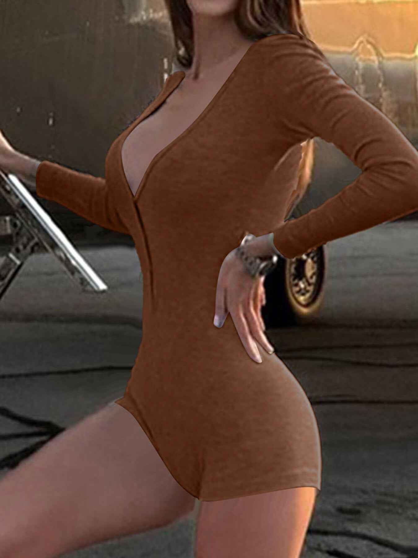 Deep V-Neck Ribbed Romper - Long Sleeve Button Front