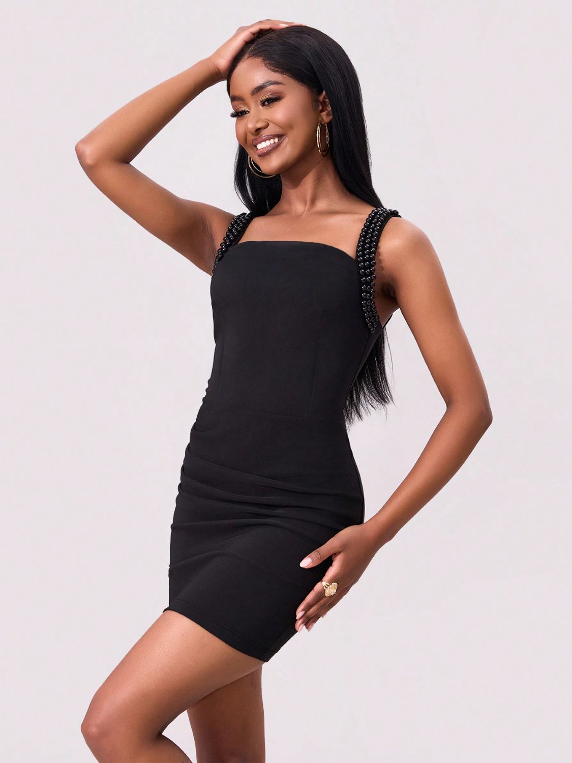 Black Bead Trim Wide Strap Wrap Dress