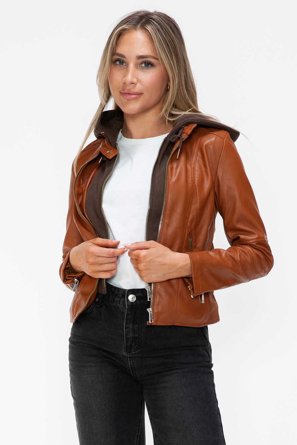 Camel Faux Leather Zip Up Drawstring Hooded Jacket