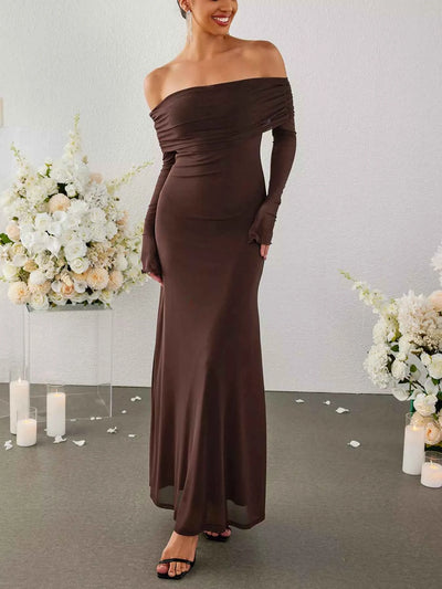 Off-Shoulder Ruched Long Sleeve Maxi Dress