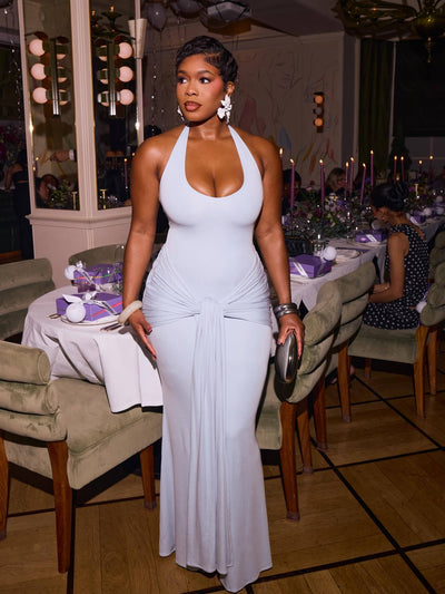 Open Back Pleated Dress - Patchwork Bodycon Gown