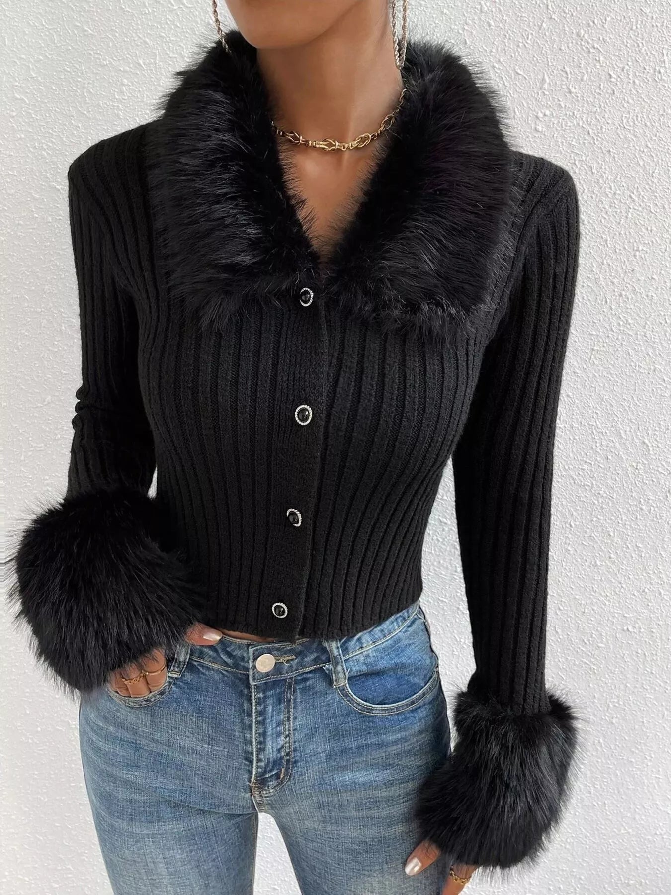 Faux Fur Trim Ribbed Knit Cropped Cardigan - Fashions Envy