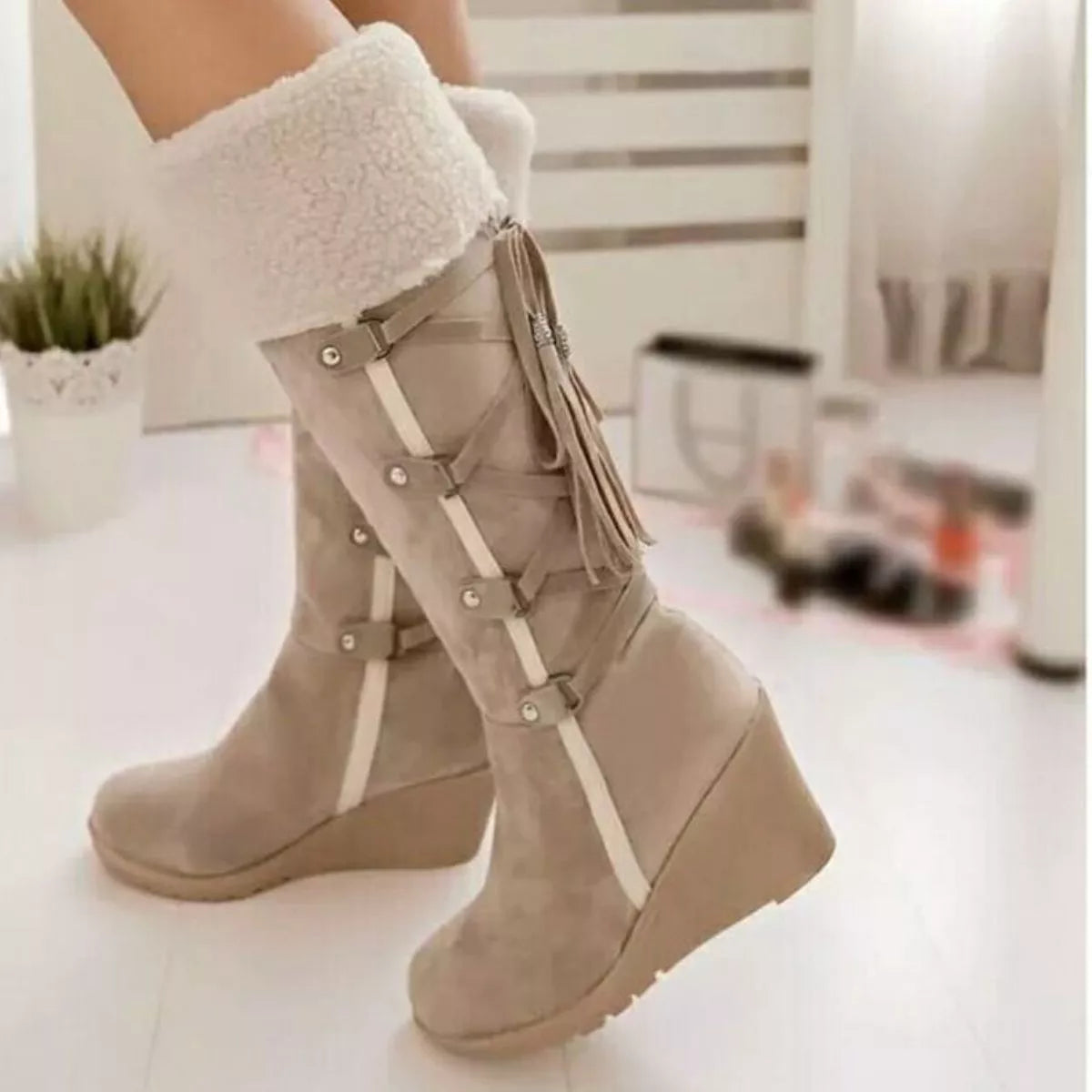 Suede Wedge Boots with Fur Cuff - Fashions Envy
