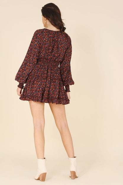 Ditsy Floral V-Neck Long Sleeve Mini Dress