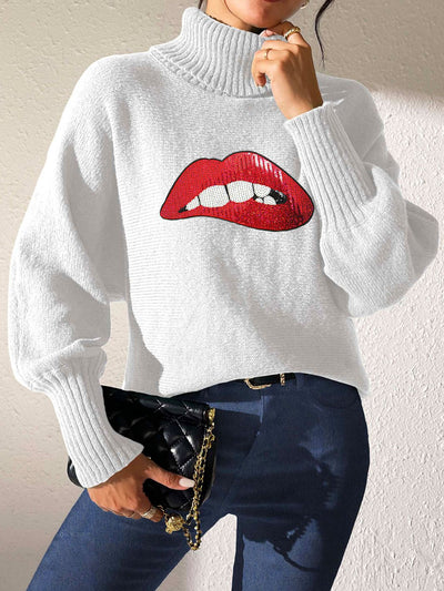 Lip Turtleneck Long Sleeve Sweater - Fashions Envy