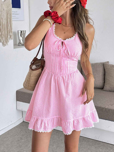 Gingham Lace Trim Mini Dress - Smocked Tie Strap