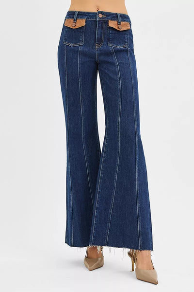 RISEN Wide Flare Jeans - High Rise Leather Pocket Detail - Fashions Envy