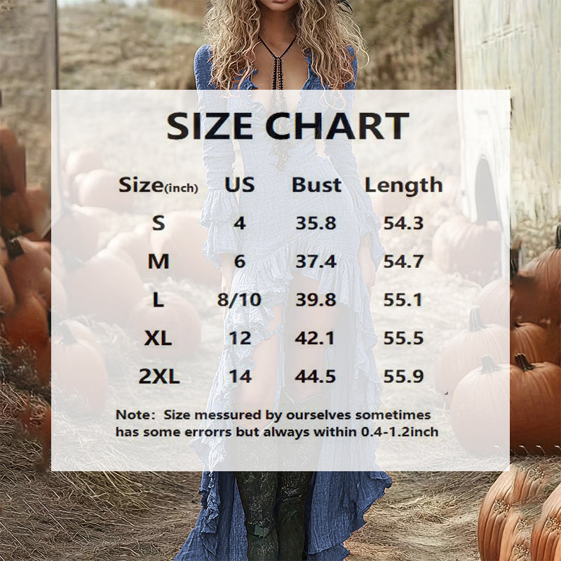 Women's Deep V-Neck Long Sleeve Dress - Ruffled Hem Asymmetrical Vacation Dress
