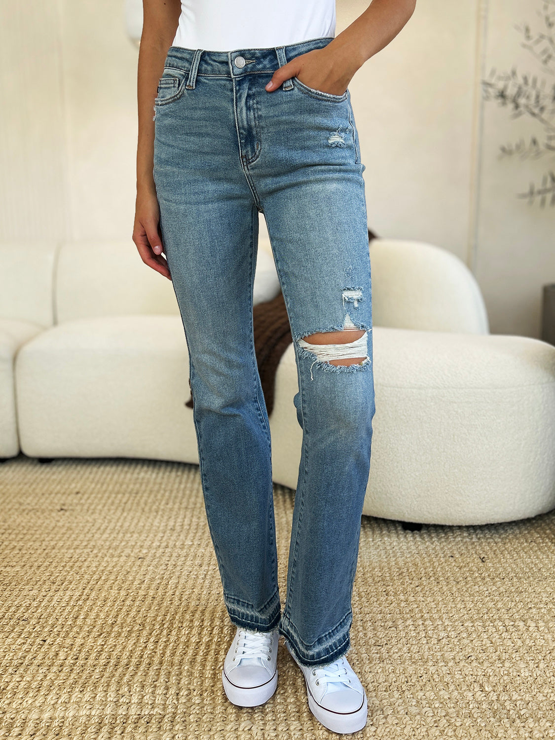 Full Size Mid Rise Destroyed Hem Distressed JB Jeans