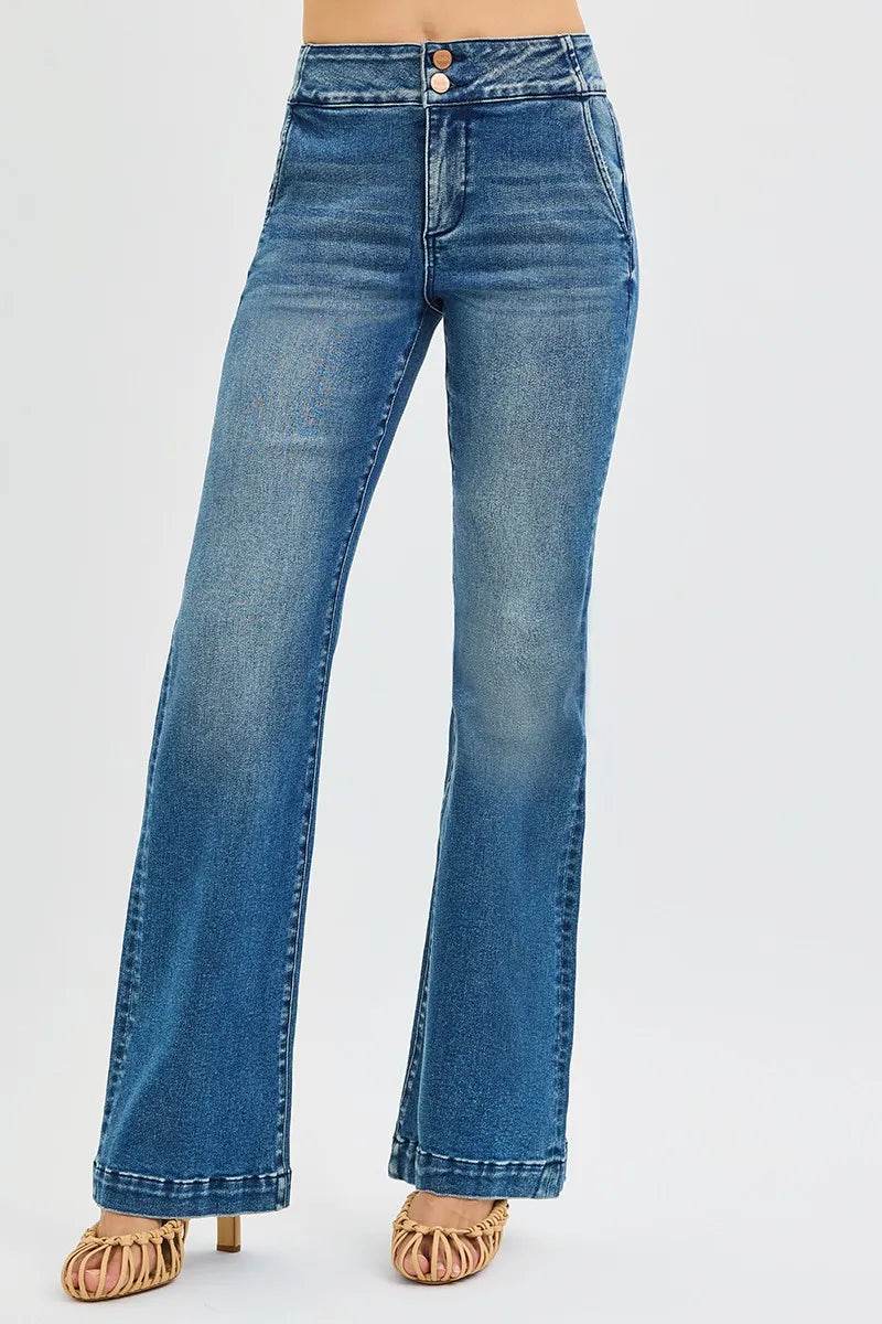 RISEN Full Size Tummy Control High Rise Bootcut Jeans with Double Button Waistband Plus Size - Fashions Envy