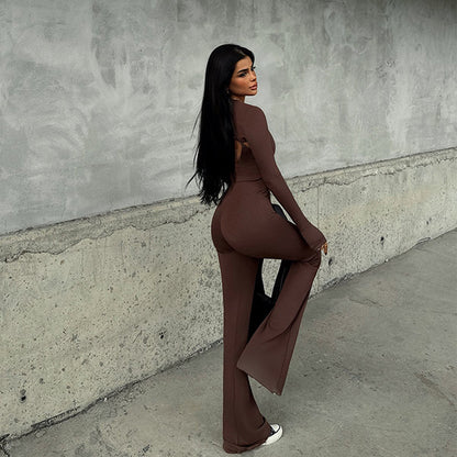 Long Sleeve Jumpsuit Set - Round Neck Tight Two-Piece