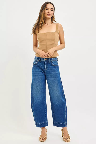 RISEN Mid Rise Crop Barrel Jeans - Fashions Envy