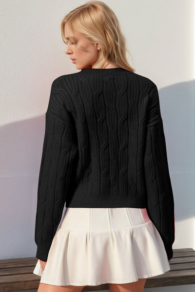 Double Take Full Size Bow Cable-Knit Round Neck Sweater - Fashions Envy