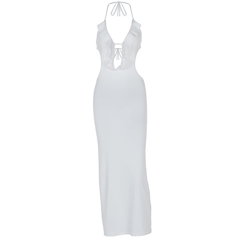 Women's Ruffled V Neck Halter Maxi Dress - Slim Fit Sling - Fashions Envy