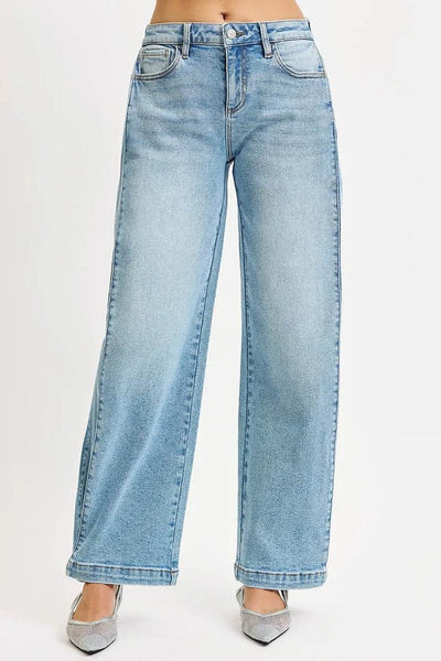 RISEN Mid Rise Wide Barrel Transferable Leg Snap Jeans - Fashions Envy