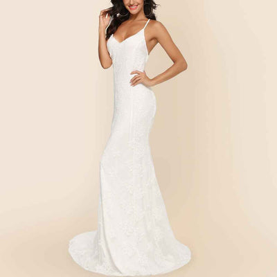 V-Neck Wedding Dress - Elegant Trailing Bridal Gown - Fashions Envy