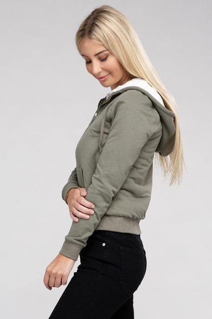 Fuzzy Trim Zip-Up Cropped Length Hoodie